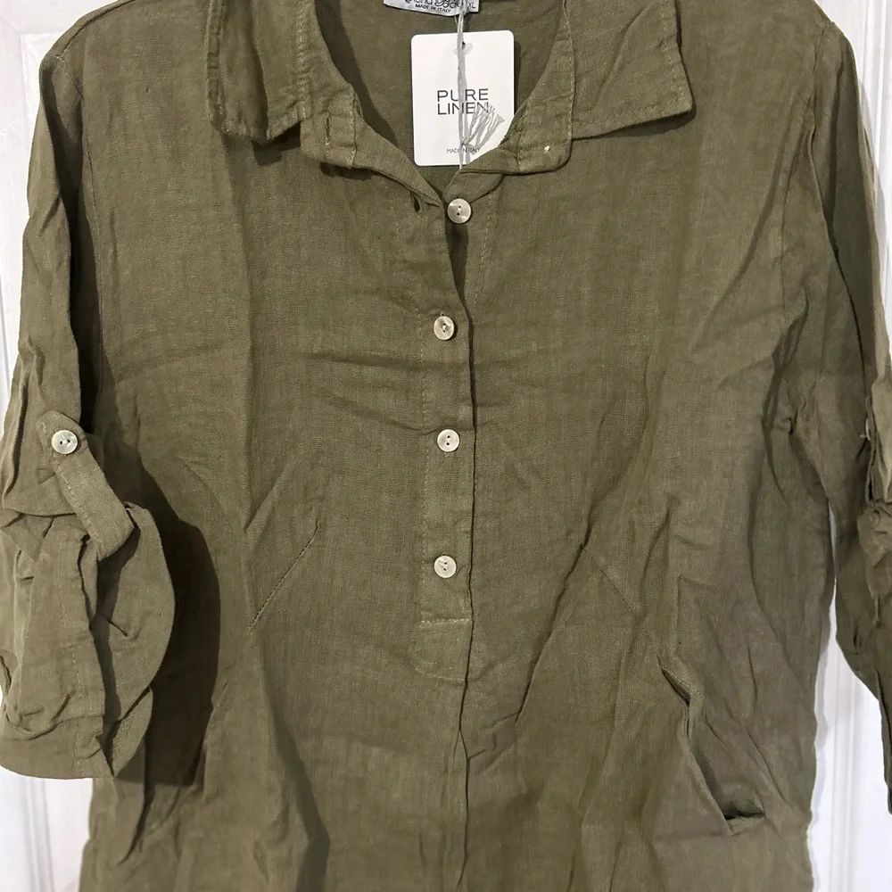 Elena Baldi Army Green Olive Linen knee Length Dress size XL - Picture 2 of 8